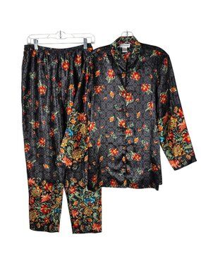 Ivy & Annabelle Pajama Set Women M Black Floral Satin Kimono Oriental Loungewear